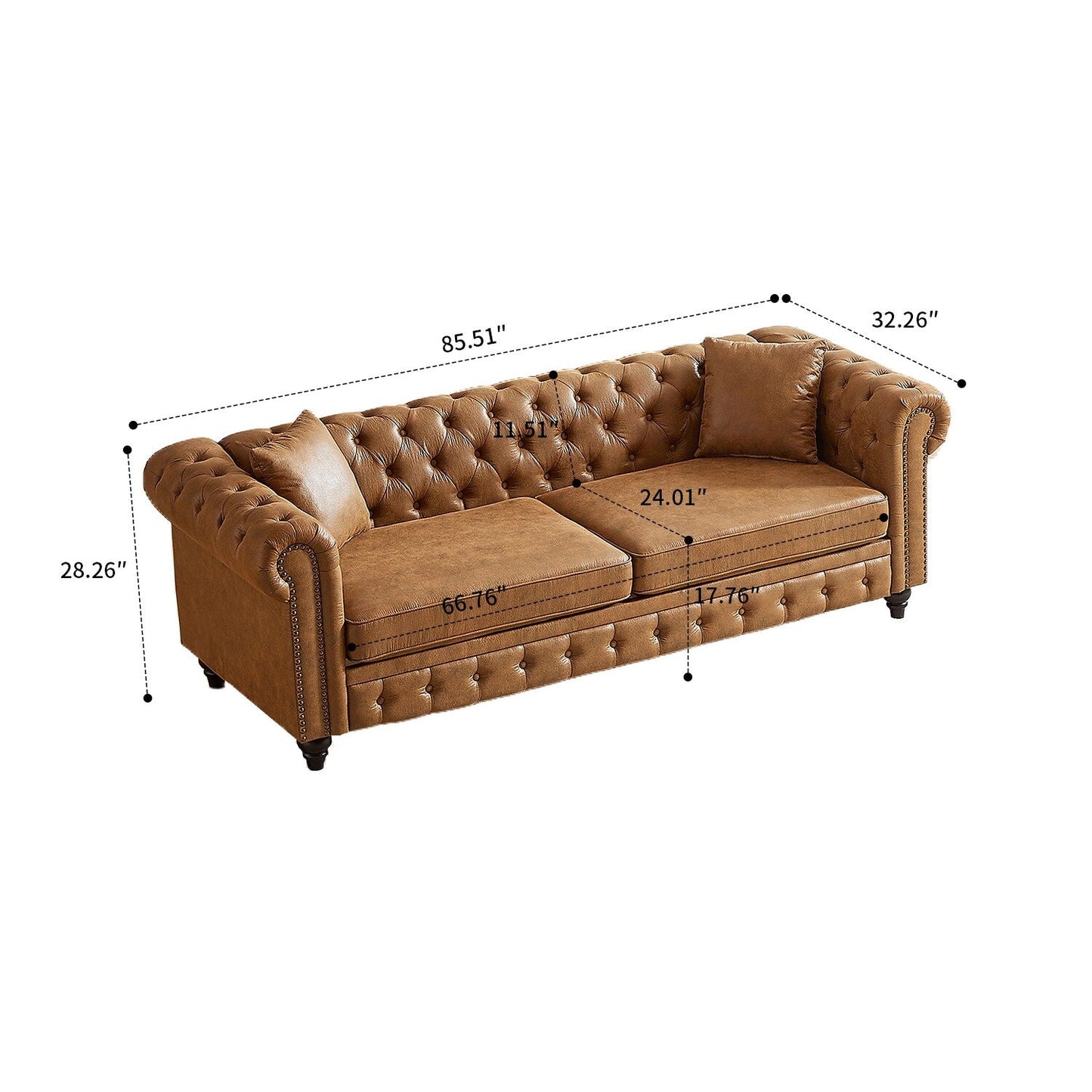 Mid-century vintage style standard tufted upholstered sofa with nailhead trim and wooden legs for living room malls