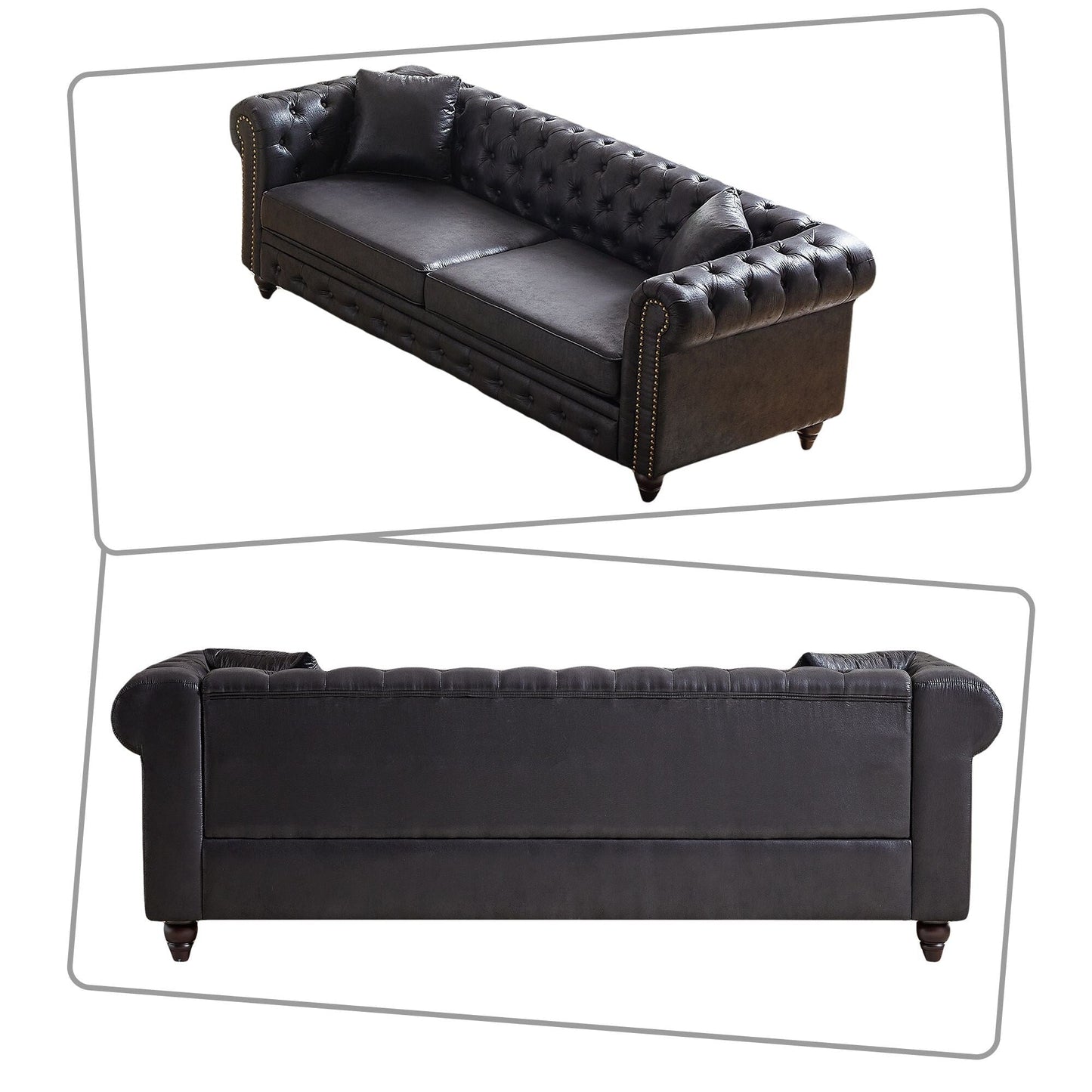 Mid-century vintage style standard tufted upholstered sofa with nailhead trim and wooden legs for living room malls