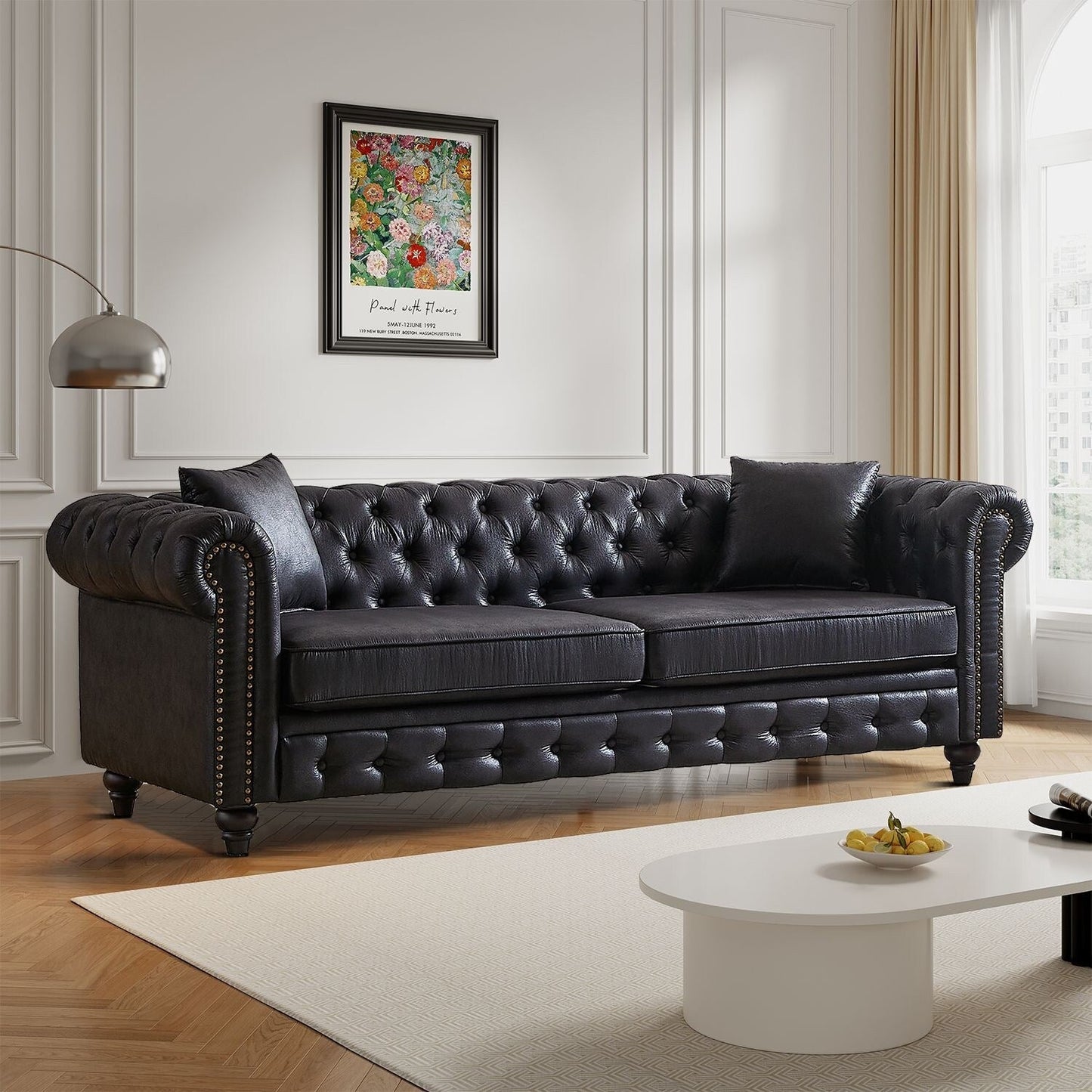 Mid-century vintage style standard tufted upholstered sofa with nailhead trim and wooden legs for living room malls