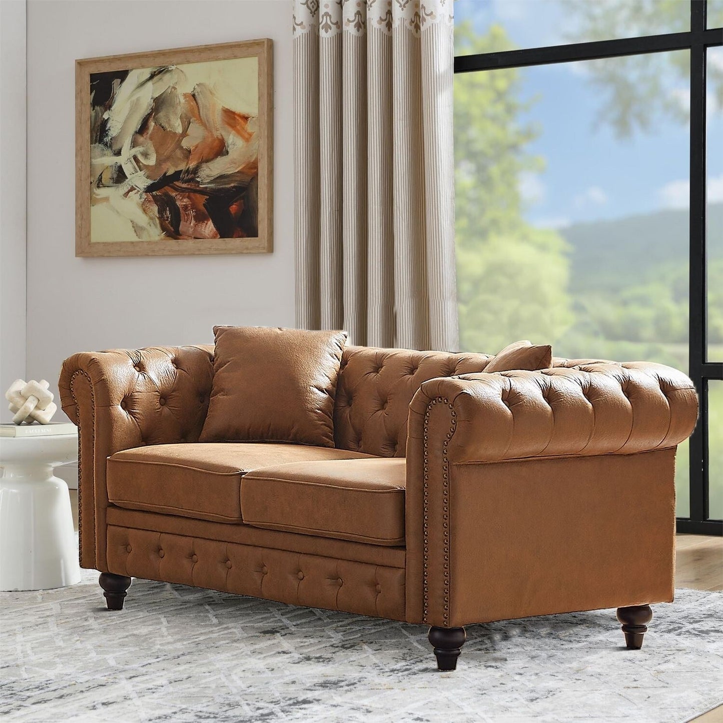 Mid-century vintage style standard tufted upholstered sofa with nailhead trim and wooden legs for living room malls