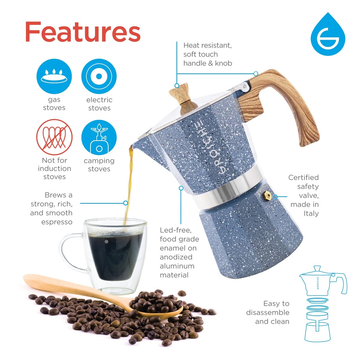 Milano Moka-Kanne, Espressokocher für den Herd, Greca-Kaffeemaschine, Kaffeemaschine und Espressokocher für den Herd (Grau, 9 Tassen)