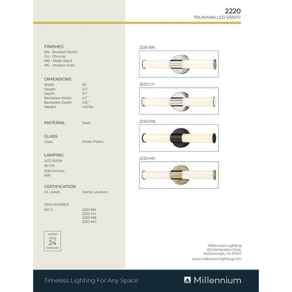Millennium Lighting Truman LED-Badezimmer-Waschtischleuchte in mehreren Ausführungen