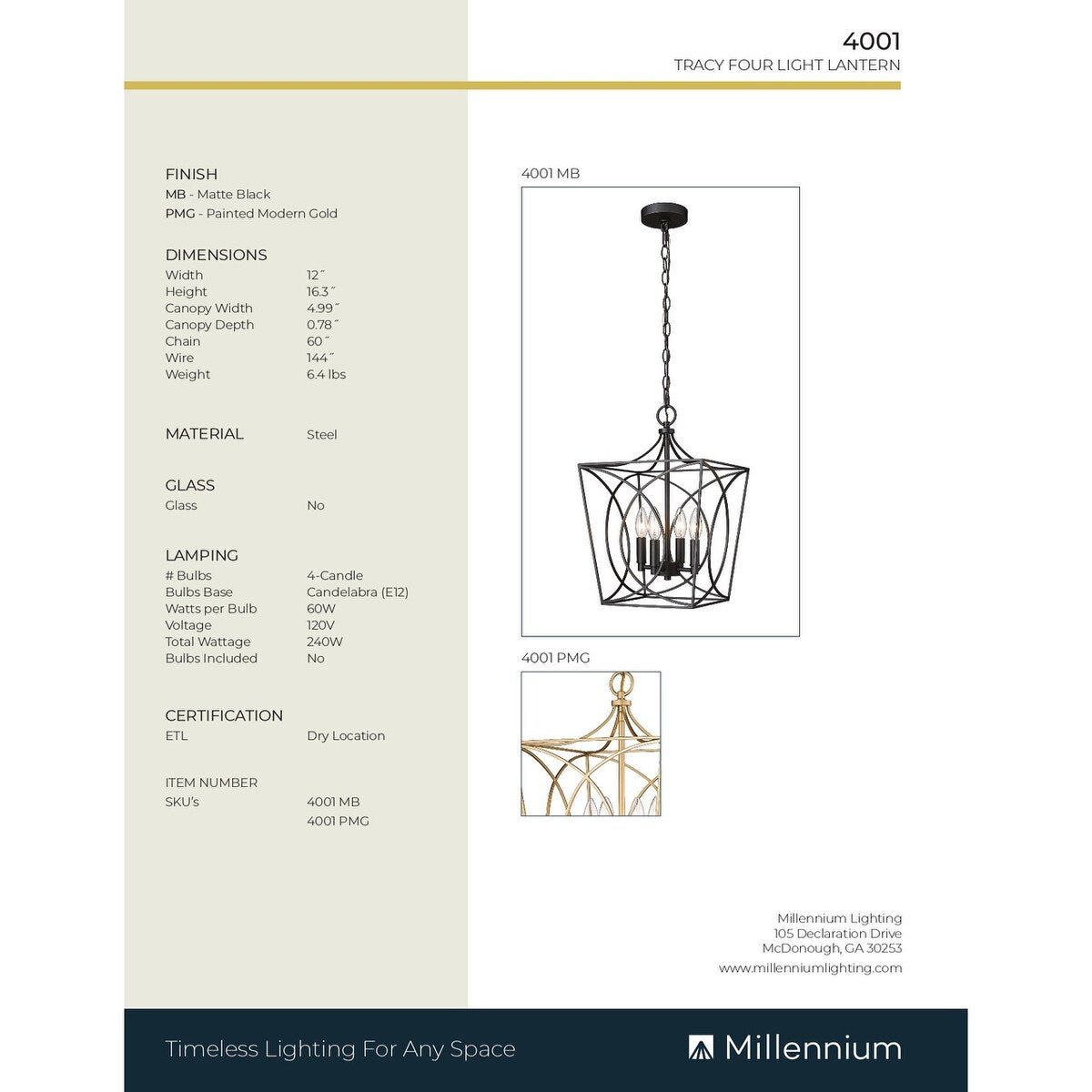 Millennium Lighting Tracy 4-flammige Pendelleuchte in mehreren Ausführungen