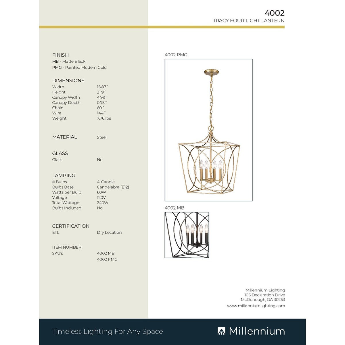 Millennium Lighting Tracy 4-flammige Pendelleuchte in mehreren Ausführungen