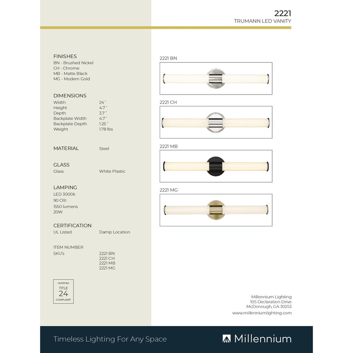 Millennium Lighting Truman LED-Badezimmer-Waschtischleuchte in mehreren Ausführungen