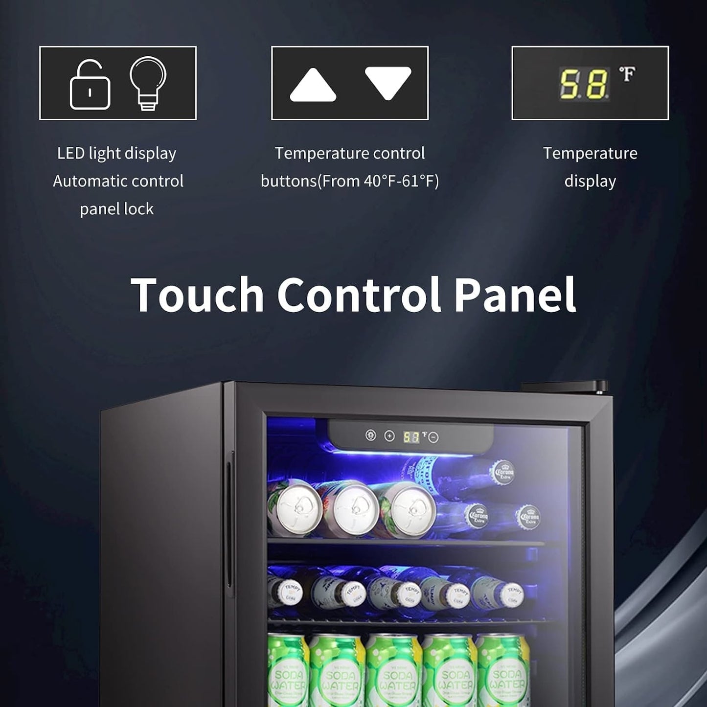 Minikühlschrank – Getränkekühlschrank für 100 Dosen, Weinkühler, klare Frontglastür, Touchscreen für kleine Getränke – 2,6 Kubikfuß.
