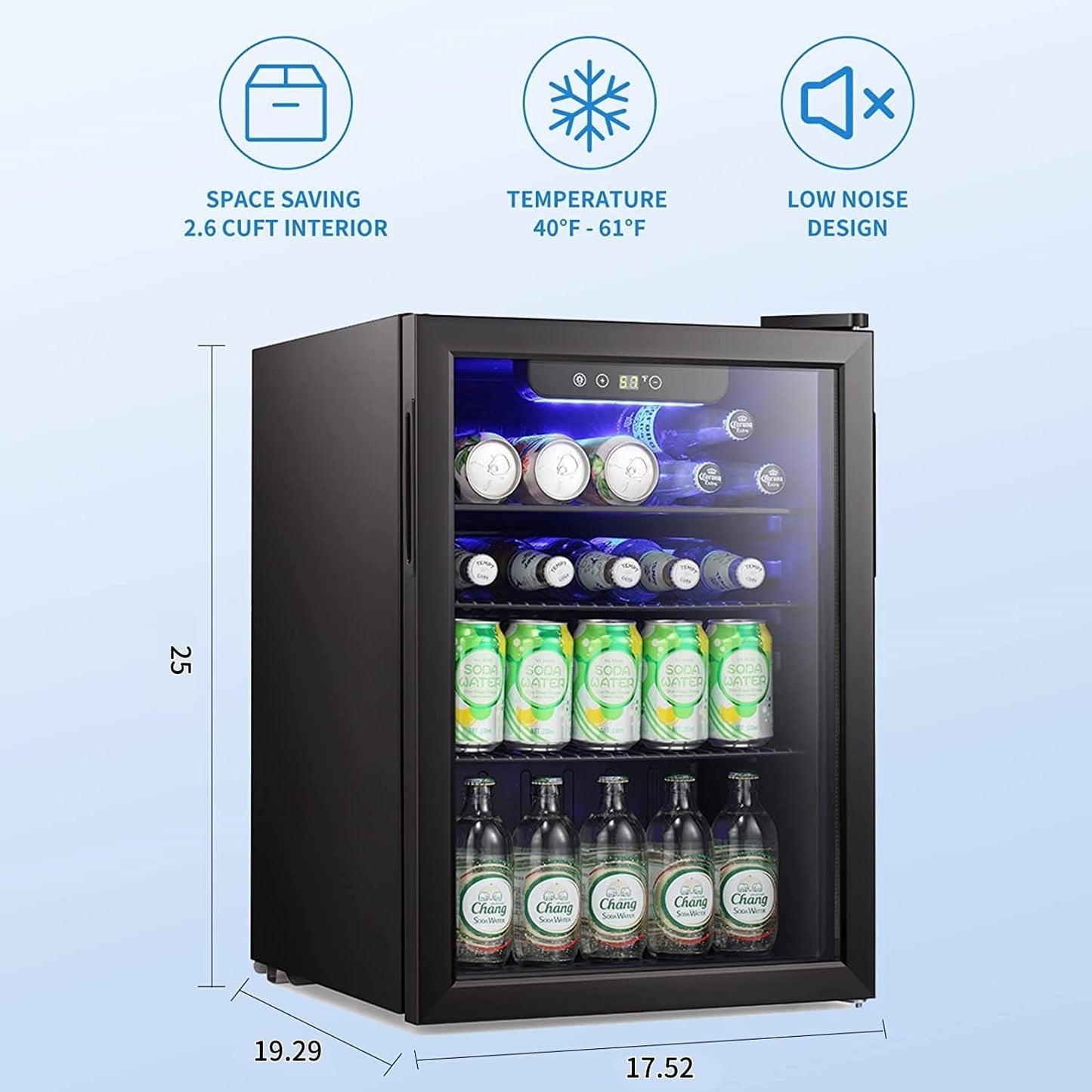Minikühlschrank – Getränkekühlschrank für 100 Dosen, Weinkühler, klare Frontglastür, Touchscreen für kleine Getränke – 2,6 Kubikfuß.