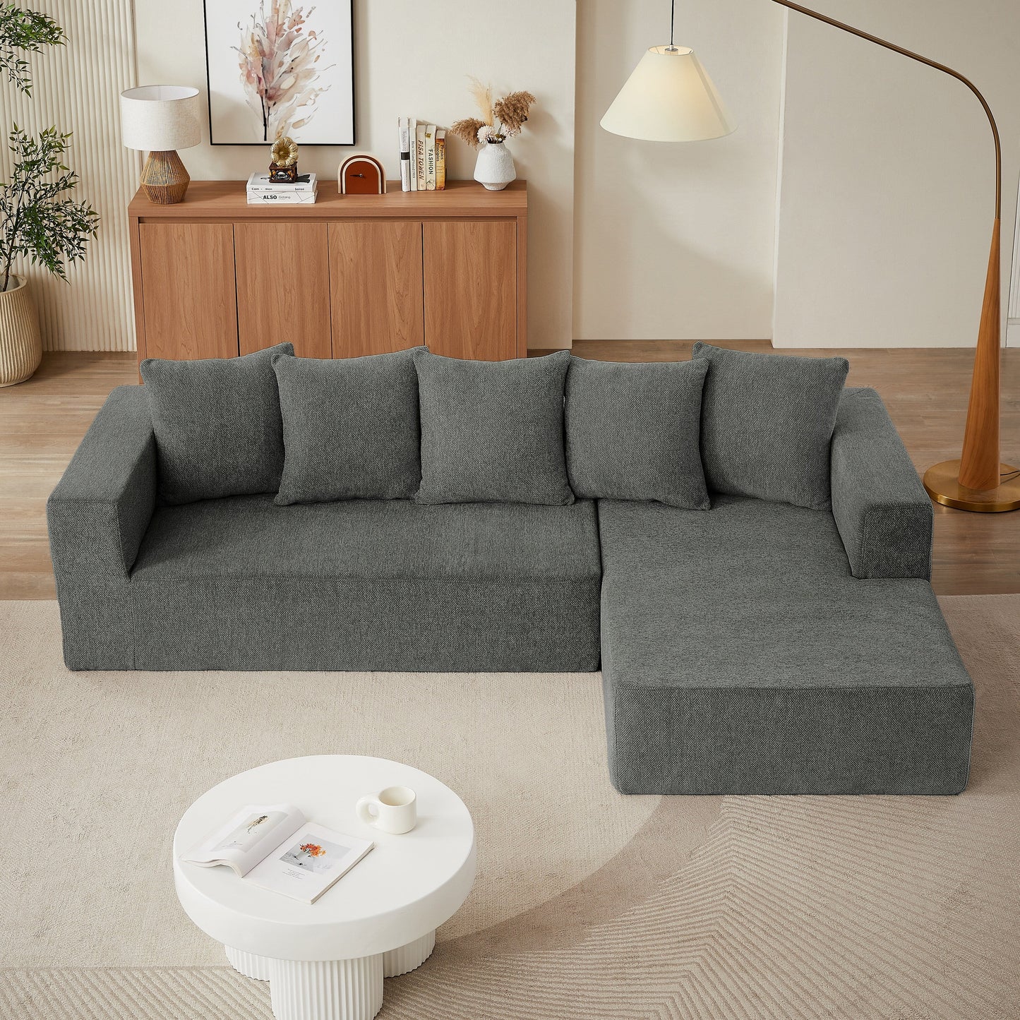 Minimalist Chenille L-Shaped Modular Sectional Sofa Set Fabric Cloud Couch for Living Room