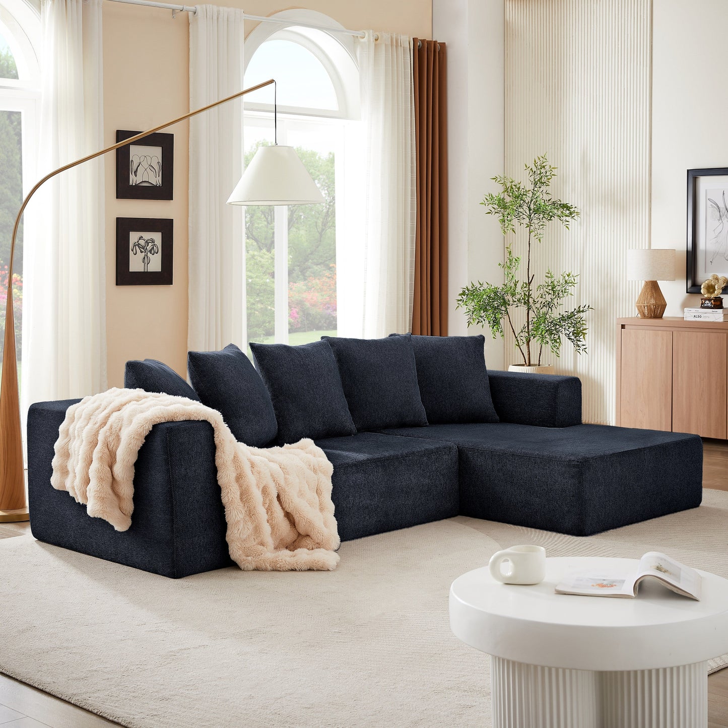 Minimalist Chenille L-Shaped Modular Sectional Sofa Set Fabric Cloud Couch for Living Room