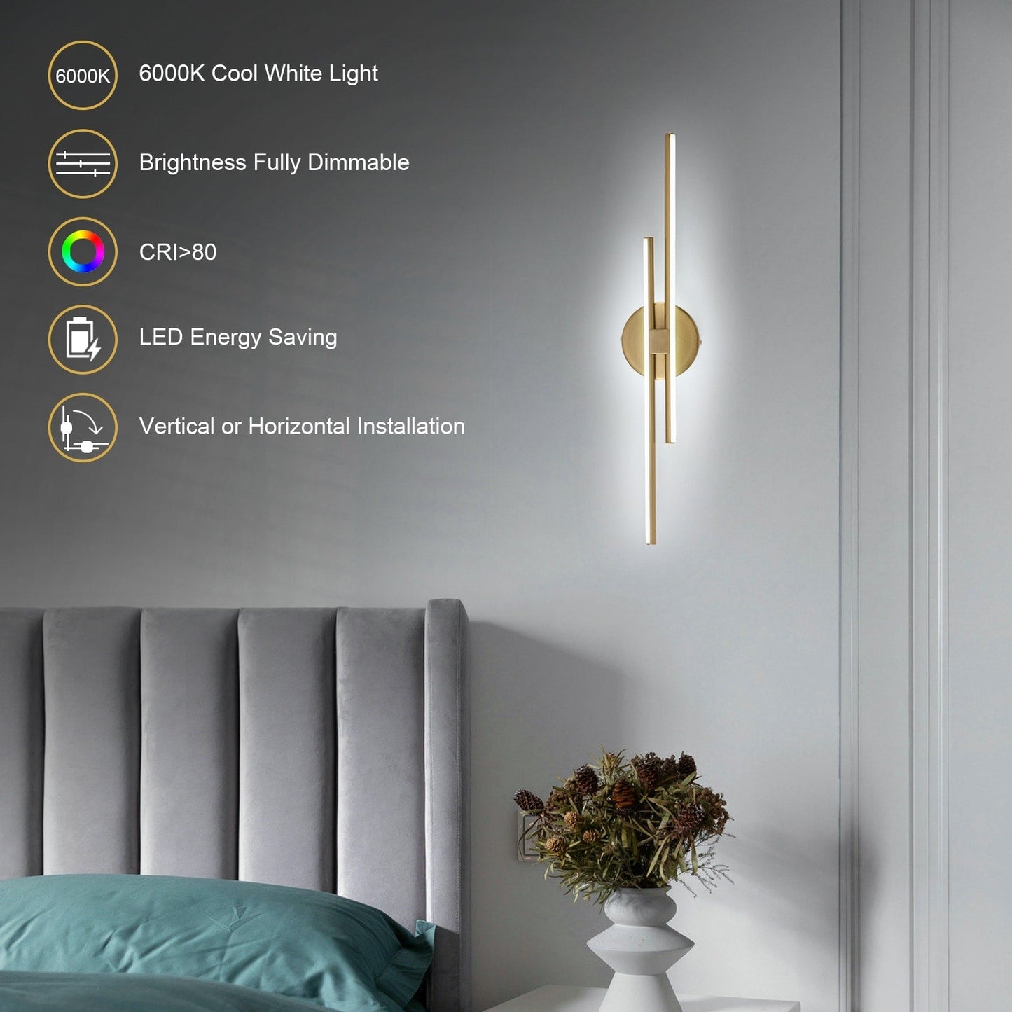 Minimalistische 2-flammige dimmbare LED-Waschtischleuchte, lineare Metall-Wandleuchte