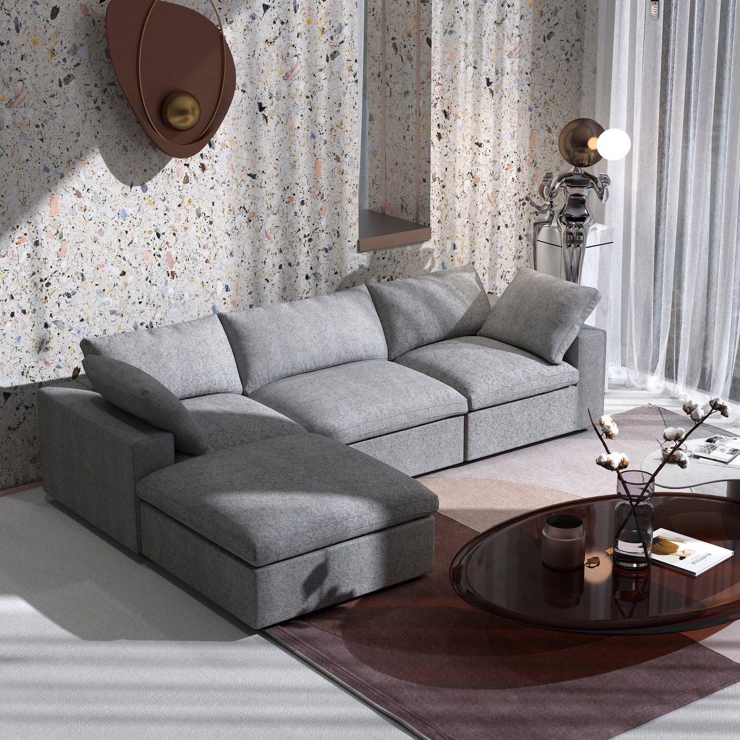 Minimalist Modern Upholstered Sofa Down Filled Sectional Modular Couch Cloud Sofa.