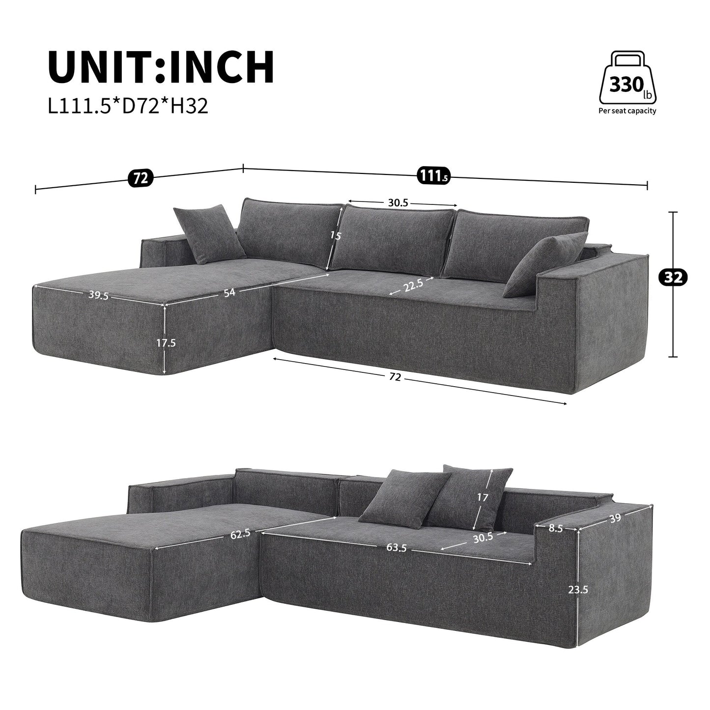 Minimalist Style Modular Sectional Sofa,Wrinkle-Resistant Chenille Couch Set,L-Shaped Compressed Sofa For Living Room