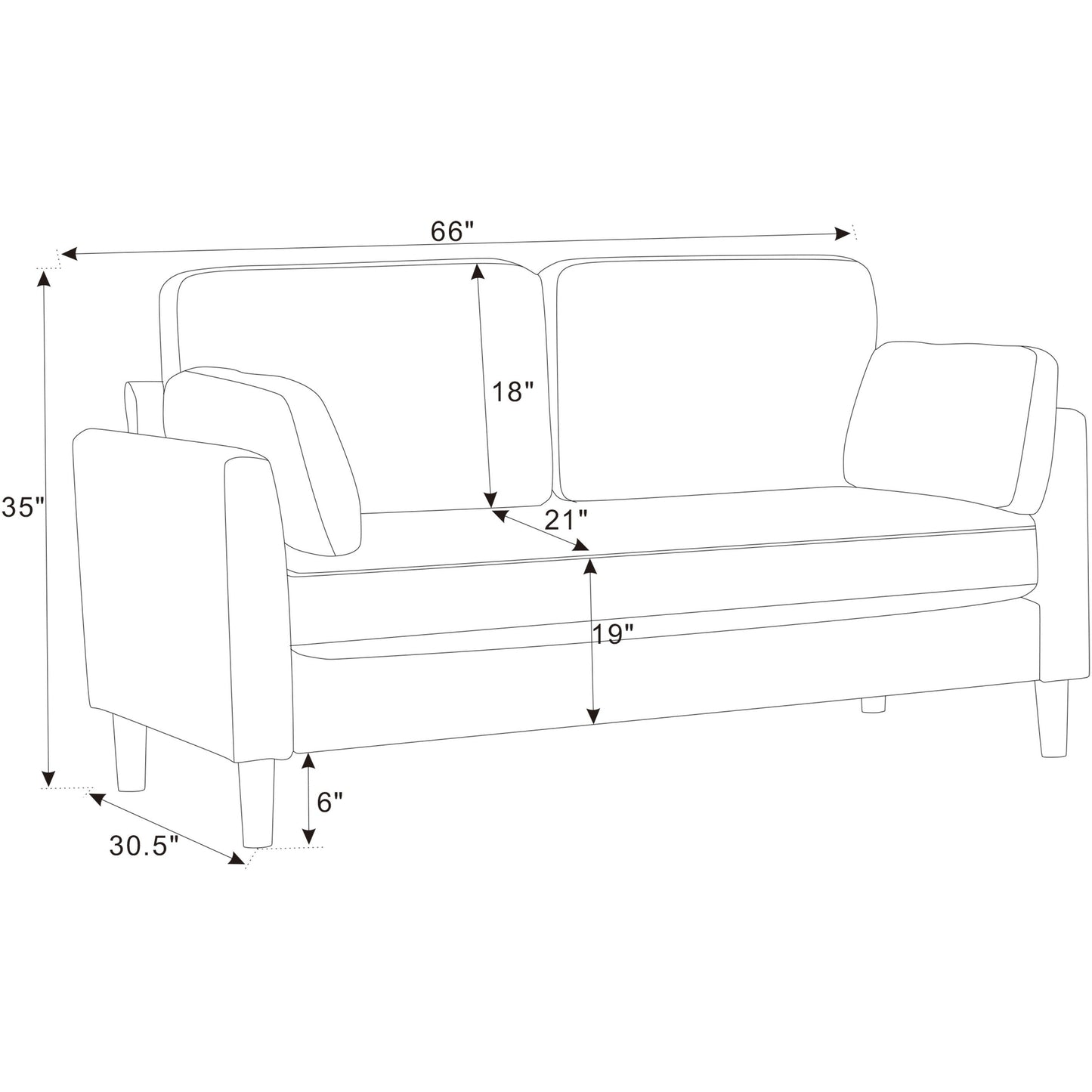 Minimalist Upholstered Sofa - 2 Seats - 30.5 D x 66 W x 35 H