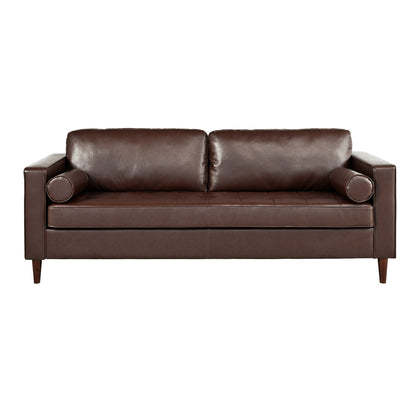 Mirod Mid-Century Modern PU Leather 3-Seat Sofa, Tufted Design, Solid Wood Legs, 2 Bolster Pillows