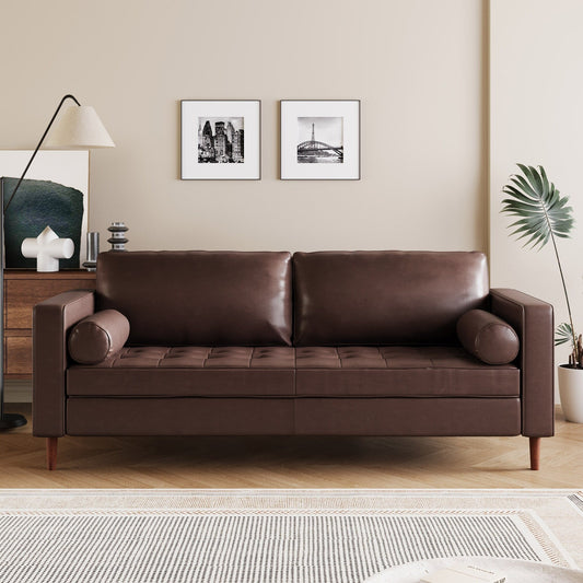 Mirod Mid-Century Modern PU Leather 3-Seat Sofa, Tufted Design, Solid Wood Legs, 2 Bolster Pillows