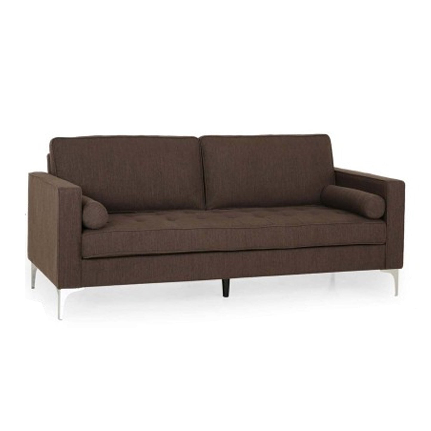 Miry 3 Seater Sofa, 2 Bolster Pillows, Silver Legs, Brown Polyester