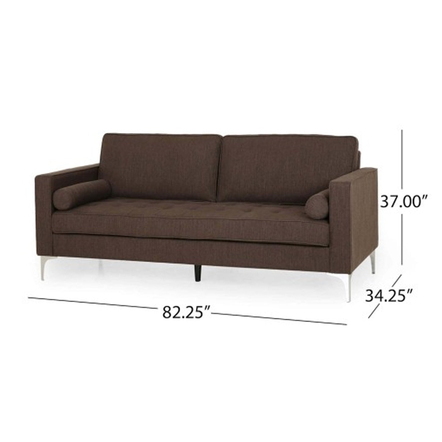 Miry 3 Seater Sofa, 2 Bolster Pillows, Silver Legs, Brown Polyester