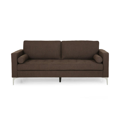 Miry 3 Seater Sofa, 2 Bolster Pillows, Silver Legs, Brown Polyester