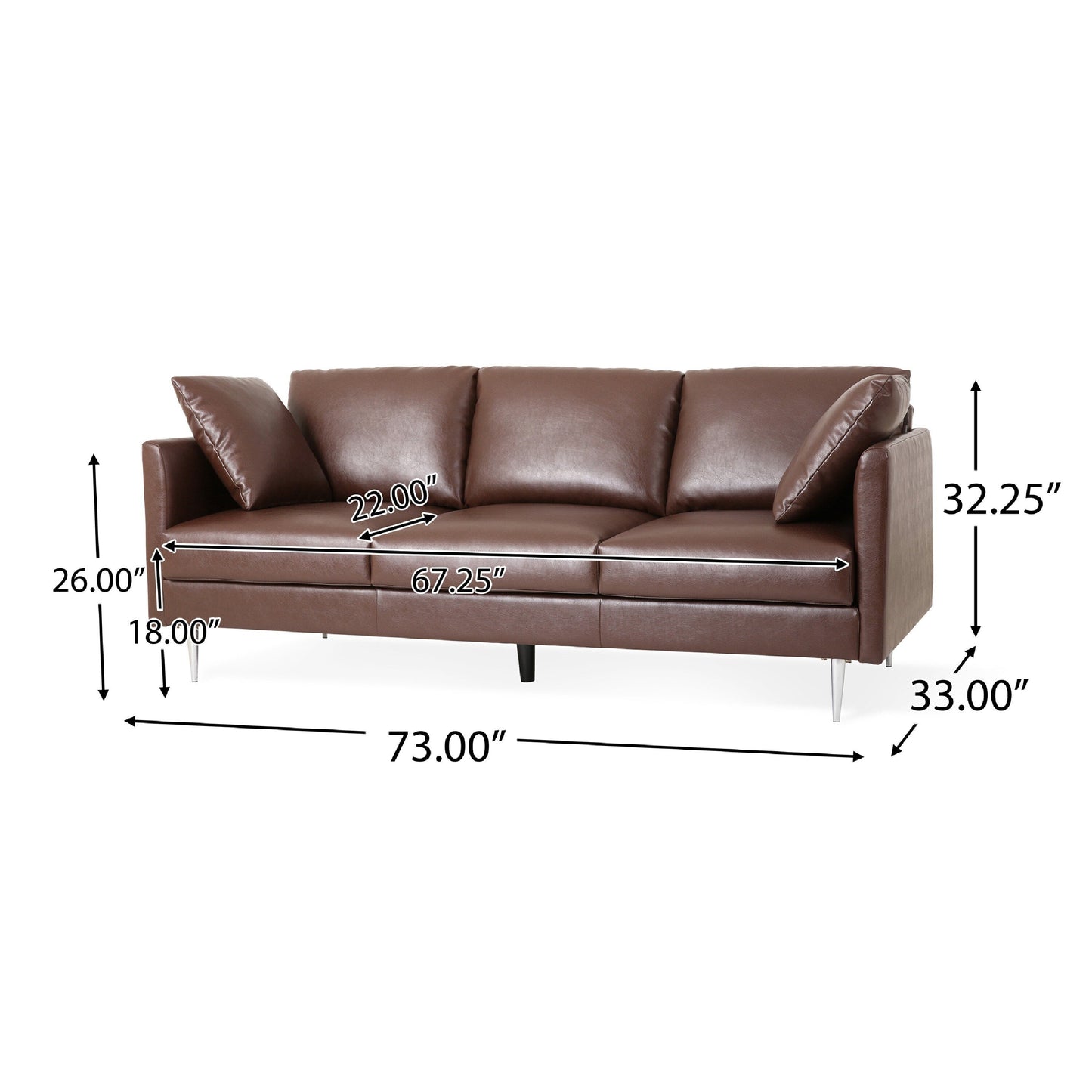 Miry 3 Seater Sofa, 4 Accent Pillows, Plush Dark Brown Faux Leather