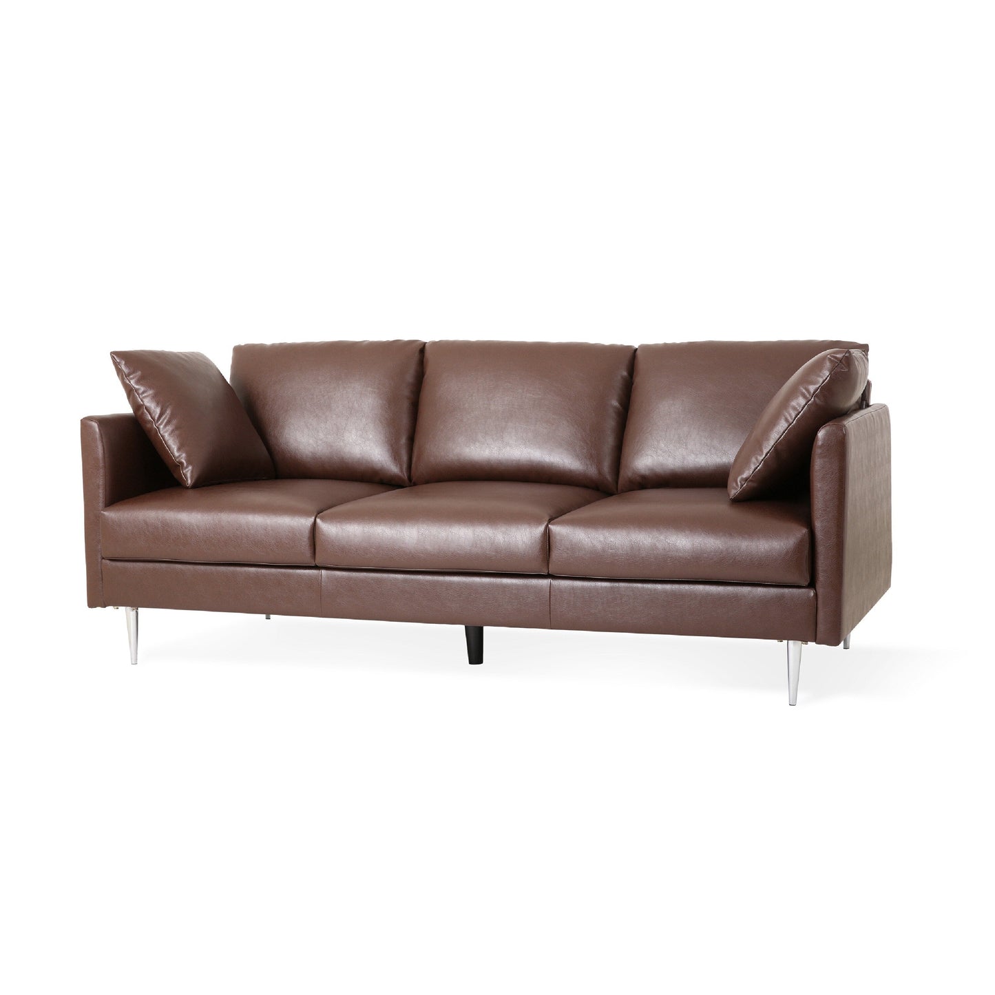 Miry 3 Seater Sofa, 4 Accent Pillows, Plush Dark Brown Faux Leather