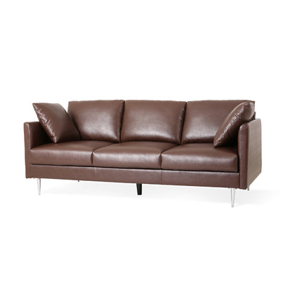 Miry 3 Seater Sofa, 4 Accent Pillows, Plush Dark Brown Faux Leather