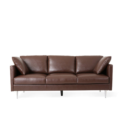 Miry 3 Seater Sofa, 4 Accent Pillows, Plush Dark Brown Faux Leather
