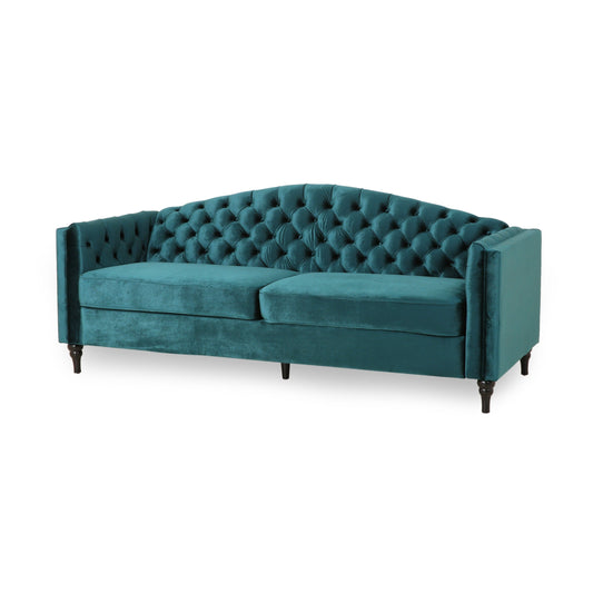 Miry 3 Seater Sofa, Wood Legs, Retro Chesterfield Teal Green Velvet