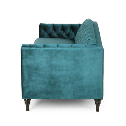 Miry 3 Seater Sofa, Wood Legs, Retro Chesterfield Teal Green Velvet