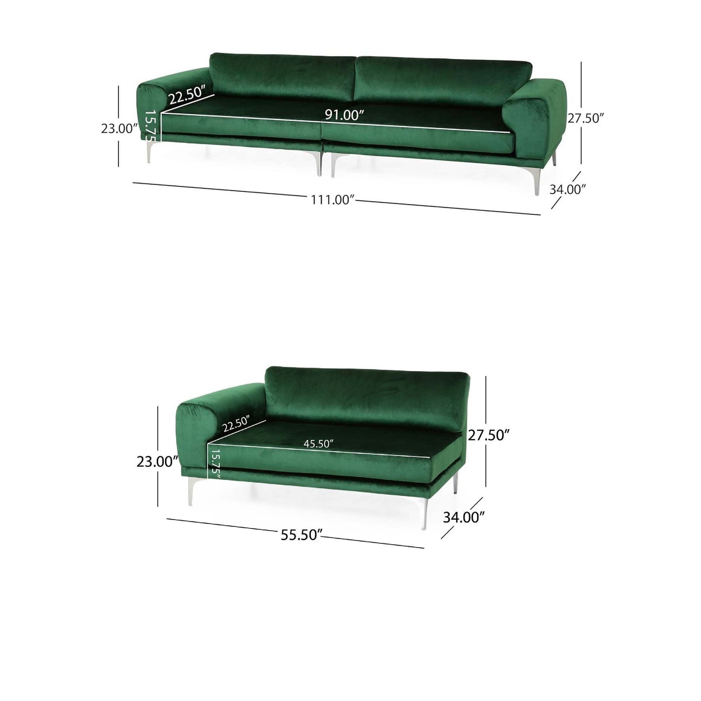 Miry 4 Seater Sofa, Contemporary Silver Legs, Emerald Green Velvet