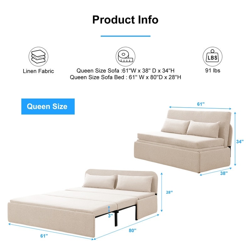 Mixoy Linen 2-in-1 Convertible Sofa Bed,Twin/Queen Pull Out Sleeper Sofa with Mattress,Cushions