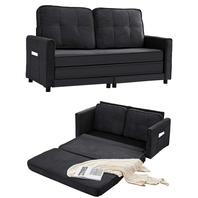 Mixoy 3-in-1 Convertible Futon Sofa Bed, Foldable Tufted Loveseat Sleeper Sofa with Side Pockets