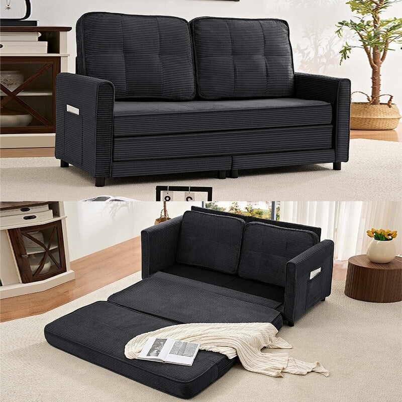 Mixoy 3-in-1 Convertible Futon Sofa Bed, Foldable Tufted Loveseat Sleeper Sofa with Side Pockets