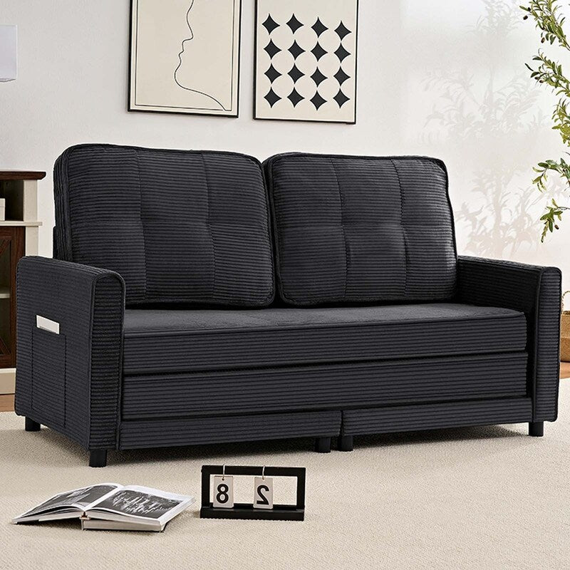 Mixoy 3-in-1 Convertible Futon Sofa Bed, Foldable Tufted Loveseat Sleeper Sofa with Side Pockets