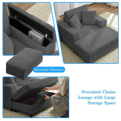 Mixoy 42ââCorduroy Chaise Lounge Chair with Storage Ottoman&Armrests,Upholstered Sleeper Reclining Chair
