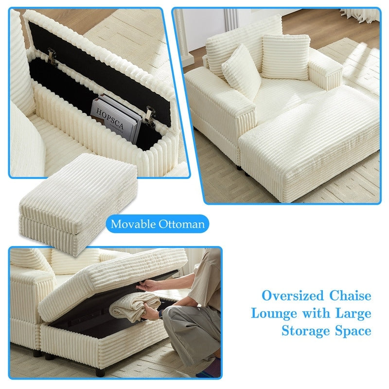 Mixoy 42ââCorduroy Chaise Lounge Chair with Storage Ottoman&Armrests,Upholstered Sleeper Reclining Chair