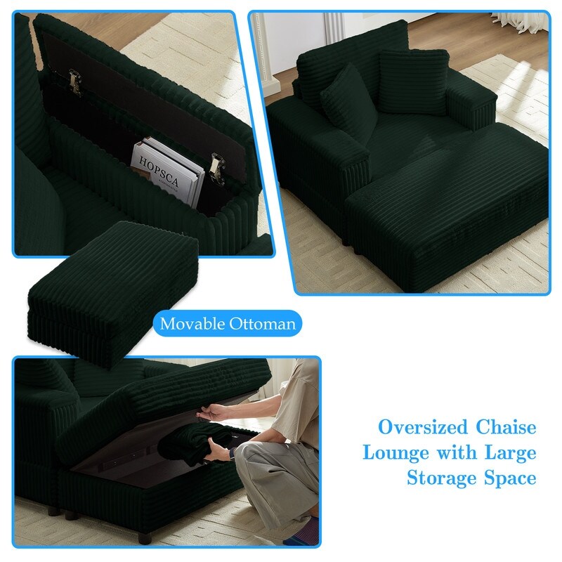 Mixoy 42ââCorduroy Chaise Lounge Chair with Storage Ottoman&Armrests,Upholstered Sleeper Reclining Chair