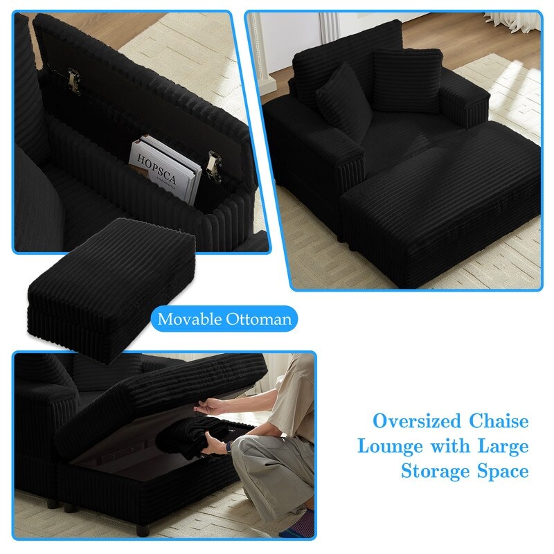 Mixoy 42ââCorduroy Chaise Lounge Chair with Storage Ottoman&Armrests,Upholstered Sleeper Reclining Chair
