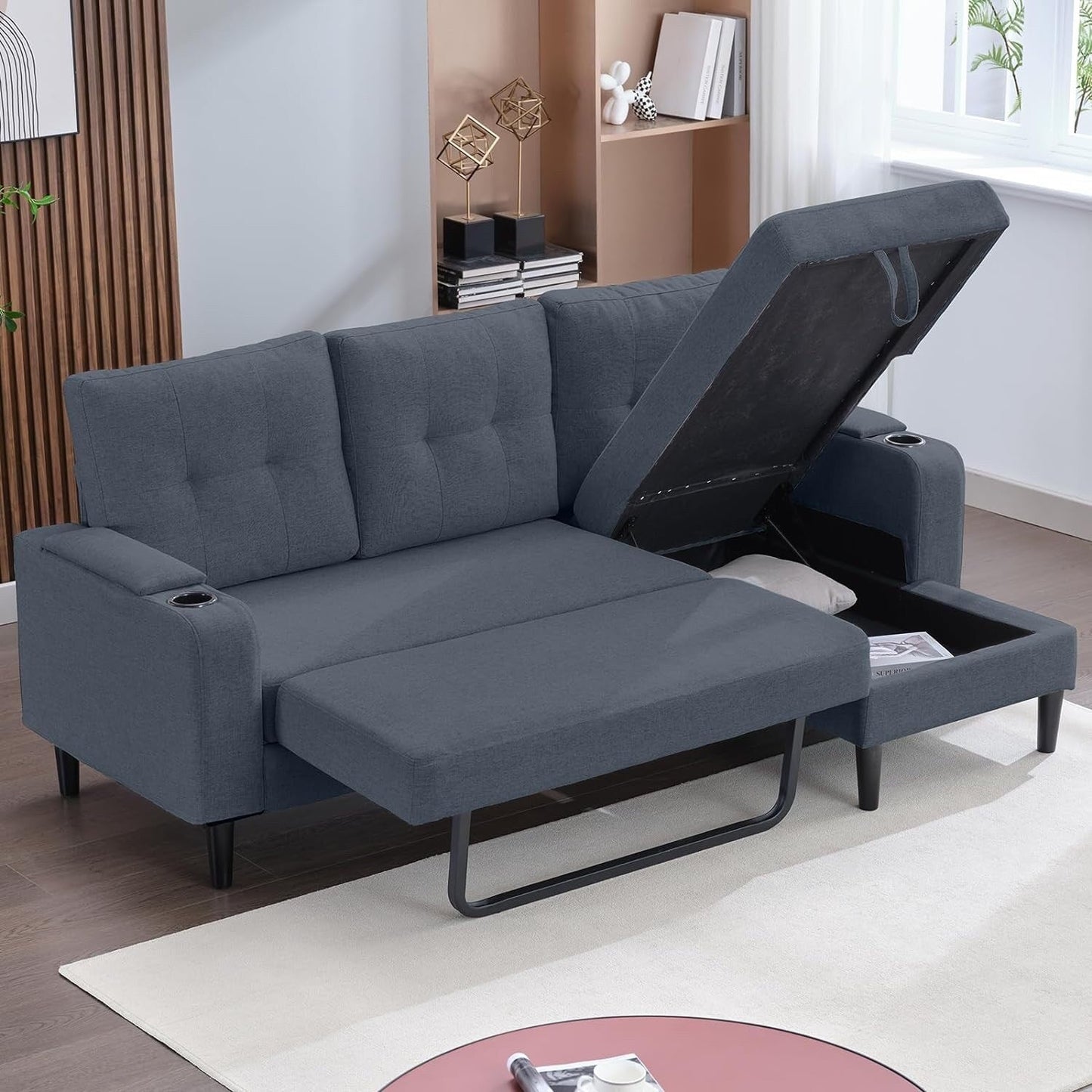 Mixoy Sectional Pull Out Sofa Bed,Convertible Sofa with Storage,Cup Holders,Reversible Sleeper Couches