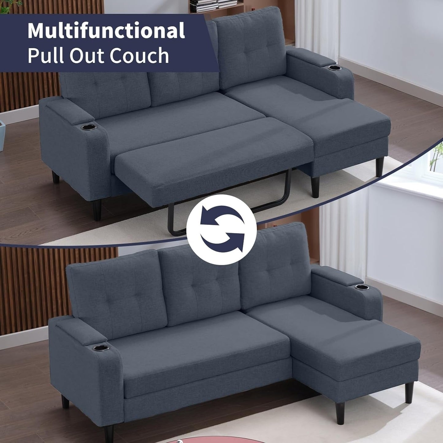 Mixoy Sectional Pull Out Sofa Bed,Convertible Sofa with Storage,Cup Holders,Reversible Sleeper Couches