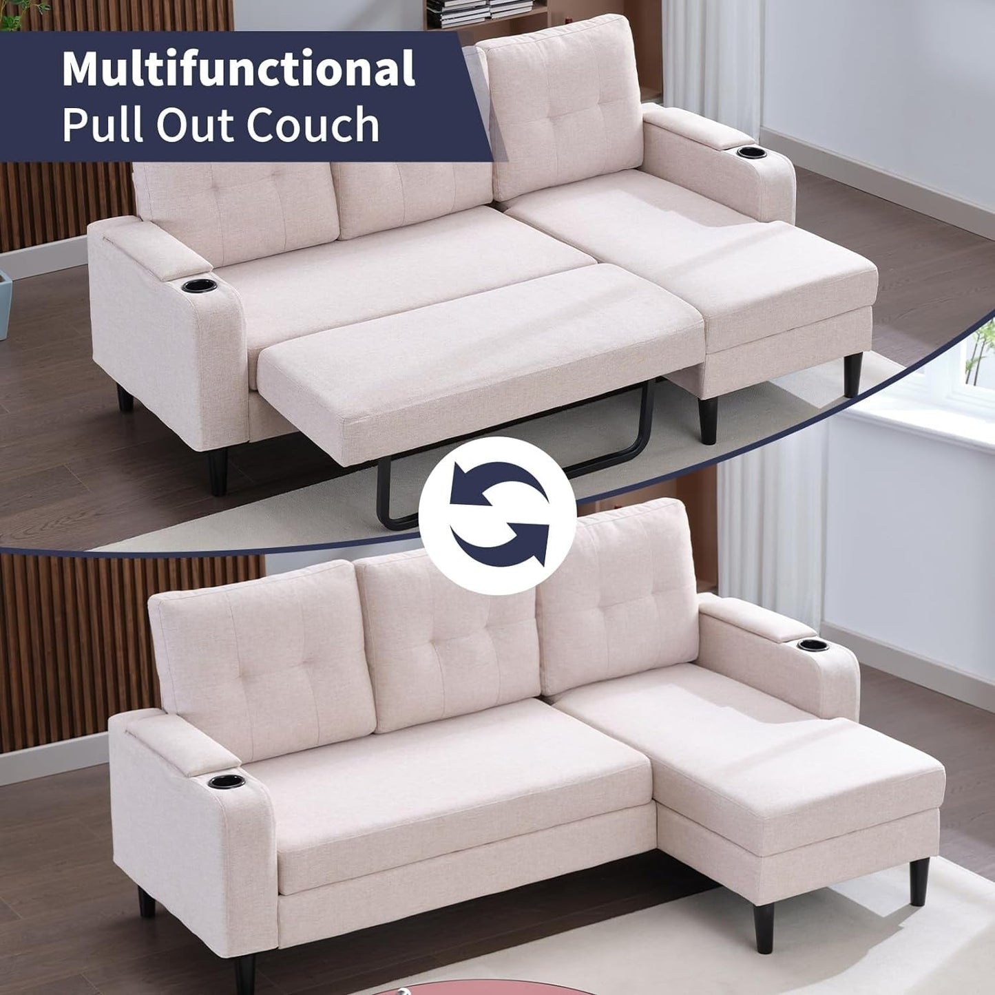 Mixoy Sectional Pull Out Sofa Bed,Convertible Sofa with Storage,Cup Holders,Reversible Sleeper Couches