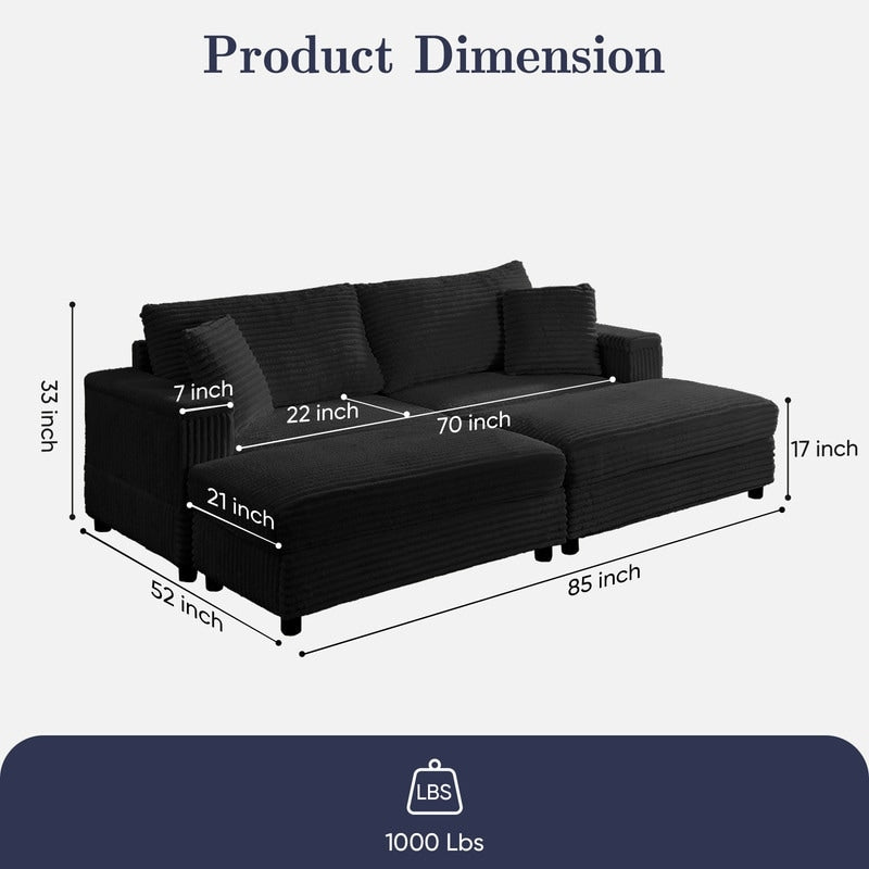 Mixoy 85ââCorduroy Loveseat Chaise Lounge with Storage Ottoman&Armrests,Upholstered 2-Seater Sleeper Reclining Chair Indoor