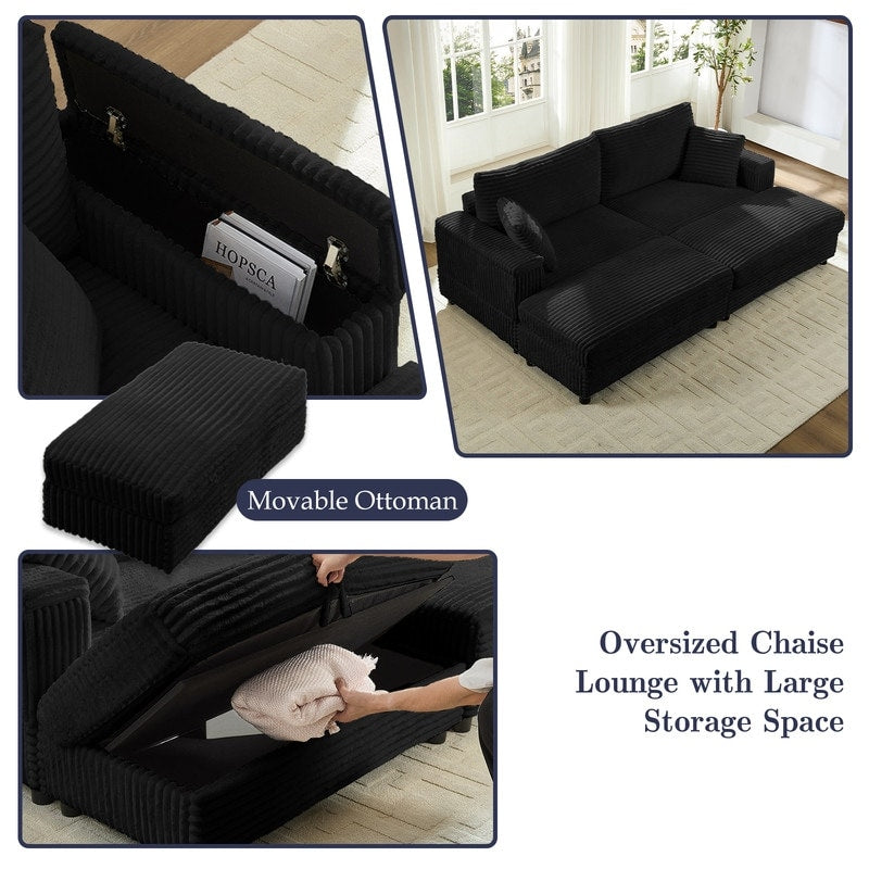 Mixoy 85ââCorduroy Loveseat Chaise Lounge with Storage Ottoman&Armrests,Upholstered 2-Seater Sleeper Reclining Chair Indoor