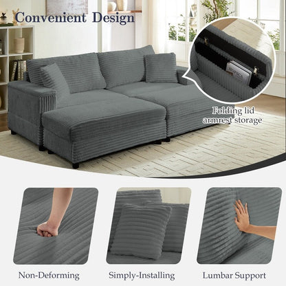 Mixoy 85ââCorduroy Loveseat Chaise Lounge with Storage Ottoman&Armrests,Upholstered 2-Seater Sleeper Reclining Chair Indoor