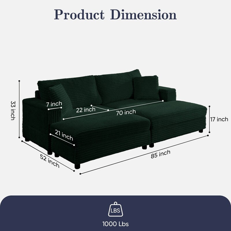 Mixoy 85ââCorduroy Loveseat Chaise Lounge with Storage Ottoman&Armrests,Upholstered 2-Seater Sleeper Reclining Chair Indoor