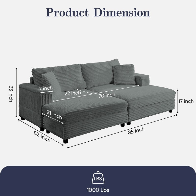 Mixoy 85ââCorduroy Loveseat Chaise Lounge with Storage Ottoman&Armrests,Upholstered 2-Seater Sleeper Reclining Chair Indoor