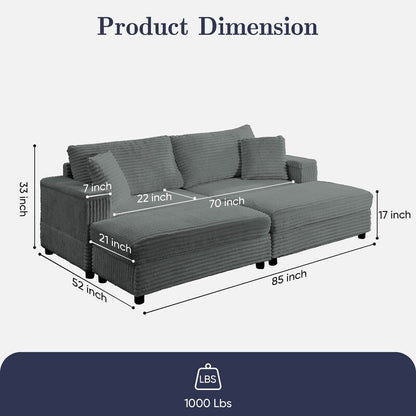 Mixoy 85ââCorduroy Loveseat Chaise Lounge with Storage Ottoman&Armrests,Upholstered 2-Seater Sleeper Reclining Chair Indoor
