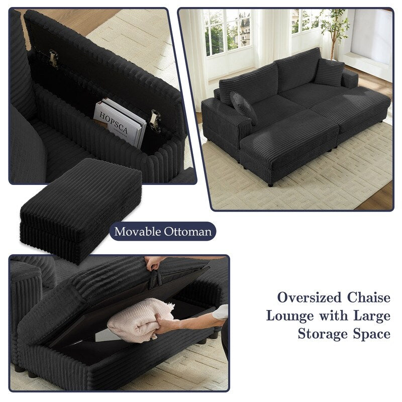Mixoy 85ââCorduroy Loveseat Chaise Lounge with Storage Ottoman&Armrests,Upholstered 2-Seater Sleeper Reclining Chair Indoor