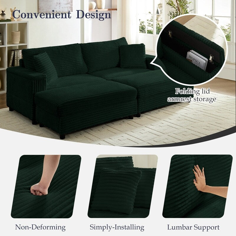 Mixoy 85ââCorduroy Loveseat Chaise Lounge with Storage Ottoman&Armrests,Upholstered 2-Seater Sleeper Reclining Chair Indoor