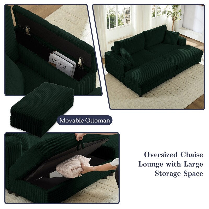 Mixoy 85ââCorduroy Loveseat Chaise Lounge with Storage Ottoman&Armrests,Upholstered 2-Seater Sleeper Reclining Chair Indoor