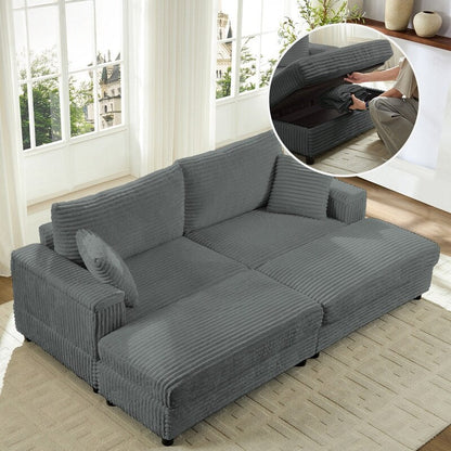 Mixoy 85ââCorduroy Loveseat Chaise Lounge with Storage Ottoman&Armrests,Upholstered 2-Seater Sleeper Reclining Chair Indoor